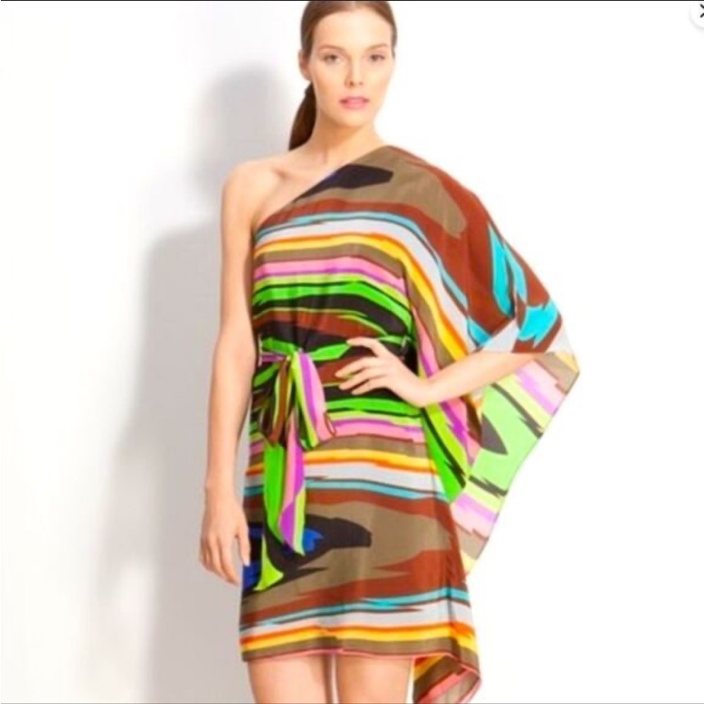 Milly one-shoulder silk mini dress with a multicolored "water stripe" pattern